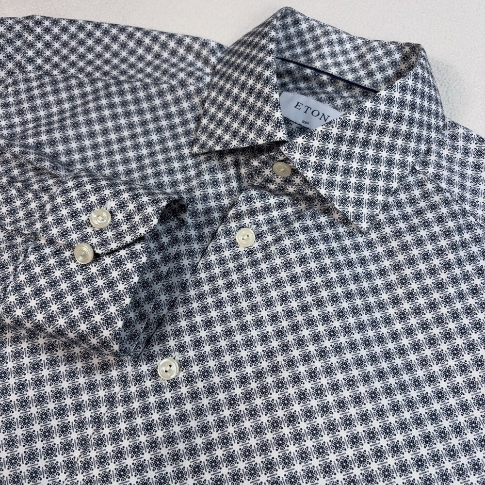 Eton Dress Shirt Men's 15.5-39 Gray Navy Geometric Slim 100% Cotton Button Up